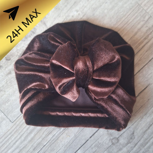 Turban 0.3 mois Nœud en Velours extensible Marron - En Stock - Expédiés sous 24H