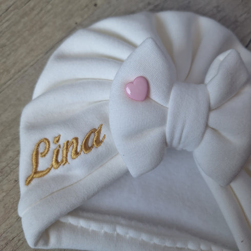 EDITION LIMITÉE : Turban bonnet nœud, buns ou simple personnalisable Prénom brodé, COEUR ROSE 🩷 tissu sweat fourré et chaud 15 couleurs