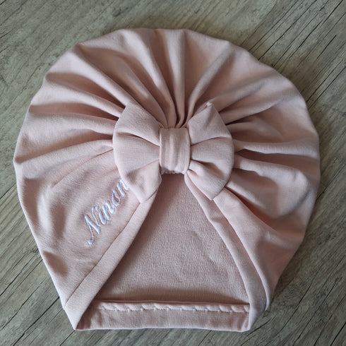 Turban bonnet nœud, buns ou simple personnalisable Prénom brodé tissu sweat léger et chaud 14 couleurs
