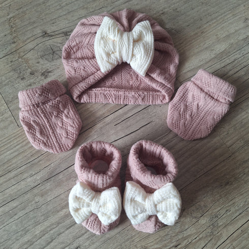 Ensemble en tissu maille de coton façon tricot jacquard Turban nœud + moufles + bandeau + chaussons assortis