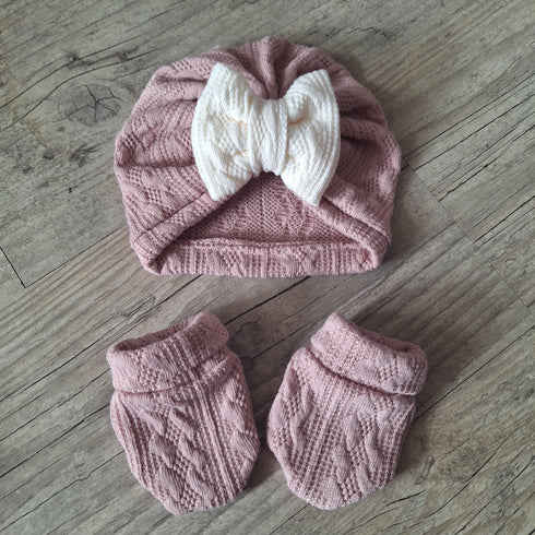Ensemble en tissu maille de coton façon tricot jacquard Turban nœud + moufles + bandeau + chaussons assortis