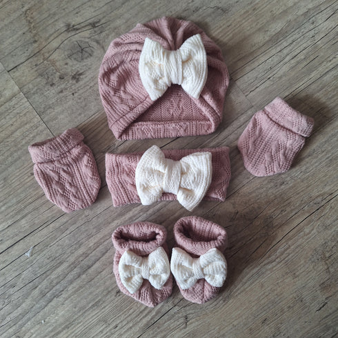 Ensemble en tissu maille de coton façon tricot jacquard Turban nœud + moufles + bandeau + chaussons assortis