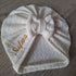 Turban bonnet prénom brodé en tissu maille de coton façon tricot jacquard nœud, buns ou simple personnalisable 9 couleurs