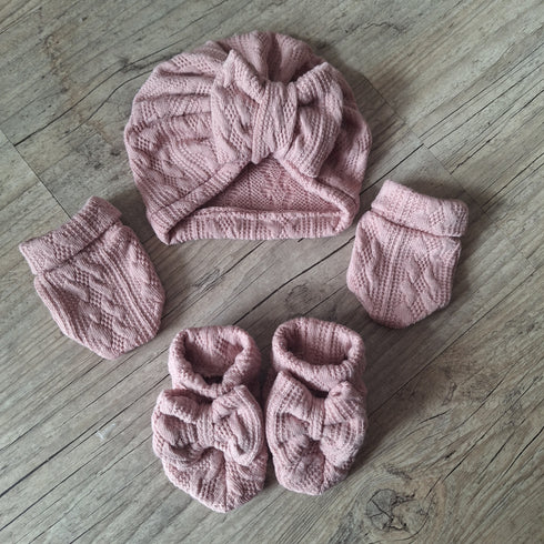 Ensemble en tissu maille de coton façon tricot jacquard Turban nœud + moufles + bandeau + chaussons assortis