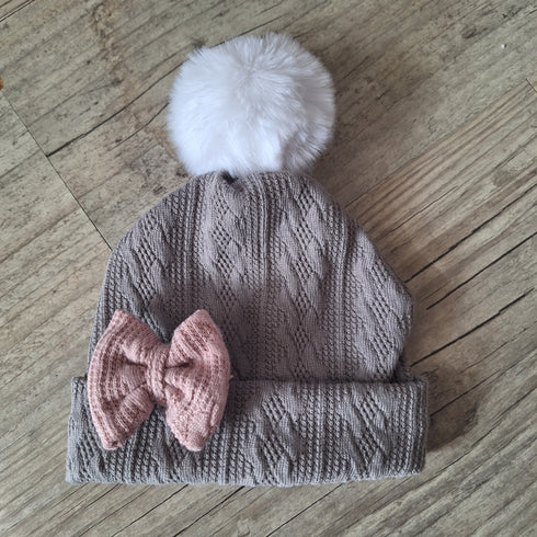 Bonnet nœud et pompon en tissu maille de coton façon tricot jacquard 9 couleurs