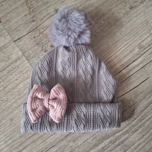 Bonnet nœud et pompon en tissu maille de coton façon tricot jacquard 9 couleurs