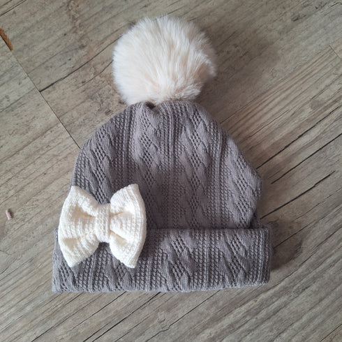 Bonnet nœud et pompon en tissu maille de coton façon tricot jacquard 9 couleurs