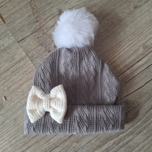 Bonnet nœud et pompon en tissu maille de coton façon tricot jacquard 9 couleurs