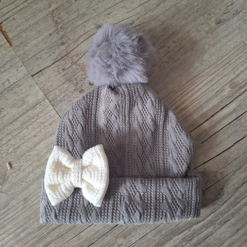 Bonnet nœud et pompon en tissu maille de coton façon tricot jacquard 9 couleurs