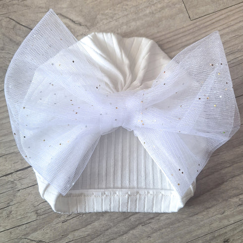 Turban Bonnet Bébé en Jersey de Coton – Grand Nœud en Tulle Pailleté – Fait Main & Oeko-Tex