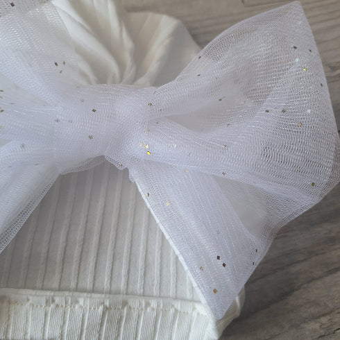 Turban Bonnet Bébé en Jersey de Coton – Grand Nœud en Tulle Pailleté – Fait Main & Oeko-Tex