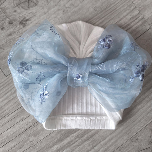 Turban Bonnet Bébé en Jersey de Coton – Grand Nœud en Tulle Pailleté – Fait Main & Oeko-Tex