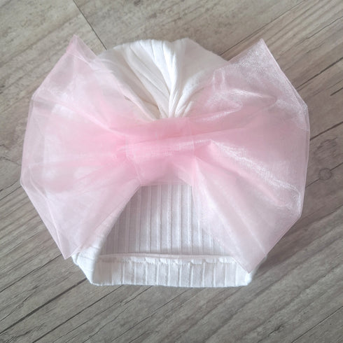 Turban Bonnet Bébé en Jersey de Coton – Grand Nœud en Tulle Pailleté – Fait Main & Oeko-Tex