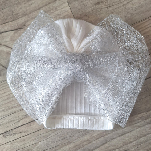 Turban Bonnet Bébé en Jersey de Coton – Grand Nœud en Tulle Pailleté – Fait Main & Oeko-Tex