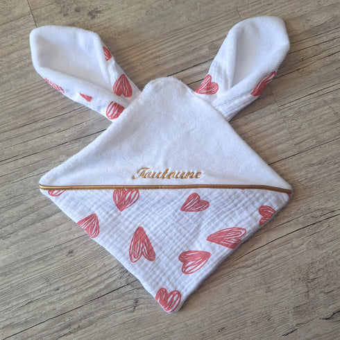 EDITION LIMITÉE: Doudou lapin COEUR personnalisé 20x20cm avec Prénom et/ou Date de naissance gaze de coton et minky