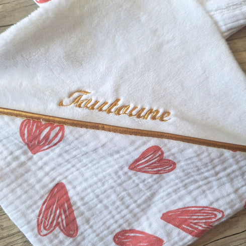 EDITION LIMITÉE: Doudou lapin COEUR personnalisé 20x20cm avec Prénom et/ou Date de naissance gaze de coton et minky