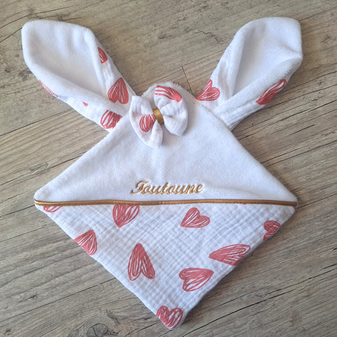 EDITION LIMITÉE: Doudou lapin COEUR personnalisé 20x20cm avec Prénom et/ou Date de naissance gaze de coton et minky