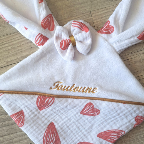 EDITION LIMITÉE: Doudou lapin COEUR personnalisé 20x20cm avec Prénom et/ou Date de naissance gaze de coton et minky