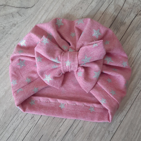 Turban nœud, buns ou simple en jersey extensible rose étoile argent