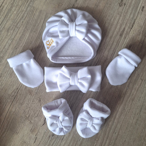 Ensemble Prénom Brodé Turban nœud + moufles + bandeau + chaussons assortis en tissu sweat fourré