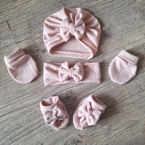 Ensemble rose pale: Turban nœud + moufle + bandeau + chaussons assortis, tissu chaud ou fin au choix