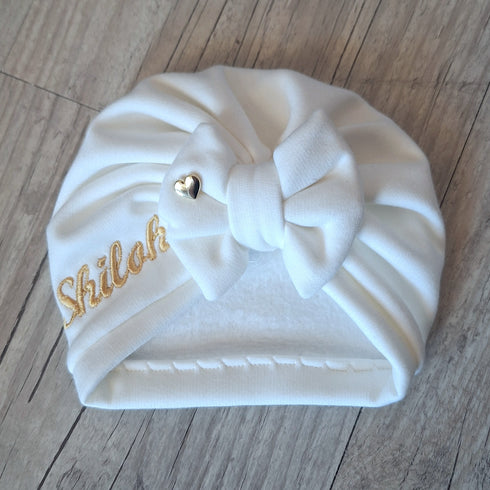 EDITION LIMITÉE : Turban bonnet nœud, buns ou simple personnalisable Prénom brodé, COEUR OR tissu sweat fourré et chaud 15 couleurs