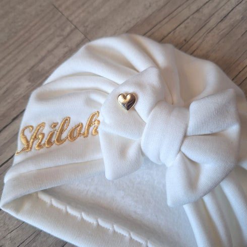 EDITION LIMITÉE : Turban bonnet nœud, buns ou simple personnalisable Prénom brodé, COEUR OR tissu sweat fourré et chaud 15 couleurs
