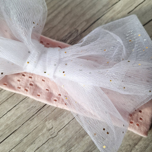 Bandeau – Jersey Ajouré Broderie Anglaise – Nœud XXL Tulle – Oeko-Tex