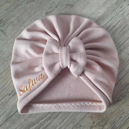Turban bonnet en tissu maille 100% coton personnalisé avec Prénom brodé - Oeko-Tex