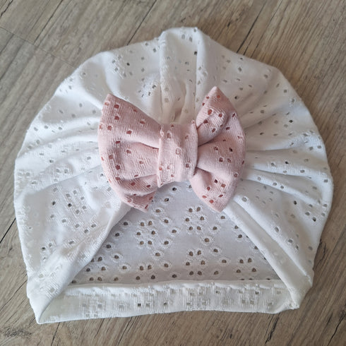 Turban Bébé – Jersey Ajouré Broderie Anglaise – Finition au Choix – Oeko-Tex