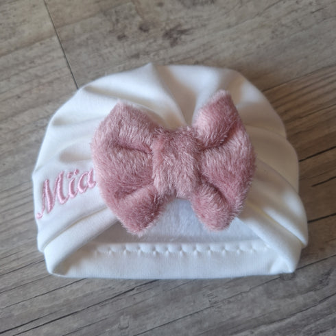 Turban bonnet polaire alpine, finition fourrure noeud buns ou simple personnalisable avec Prénom brodé