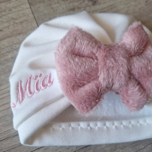 Turban bonnet polaire alpine, finition fourrure noeud buns ou simple personnalisable avec Prénom brodé