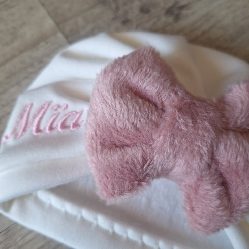 Turban bonnet polaire alpine, finition fourrure noeud buns ou simple personnalisable avec Prénom brodé