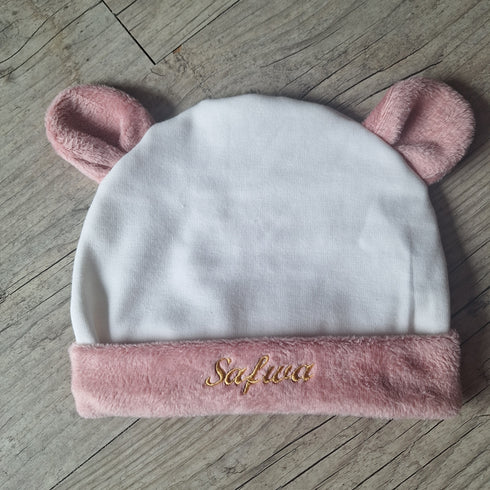 Bonnet Oreilles d'ours en polaire alpine, finition fourrure personnalisable avec Prénom brodé