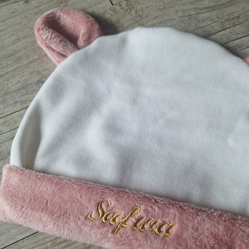 Bonnet Oreilles d'ours en polaire alpine, finition fourrure personnalisable avec Prénom brodé