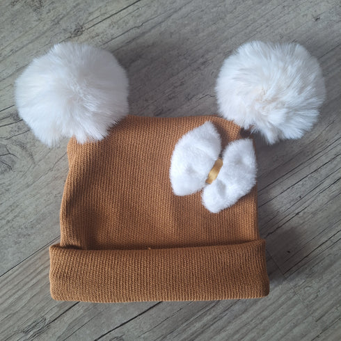 Bonnet oreilles pompons et petit nœud en tissu maille 100% coton - Oeko-Tex