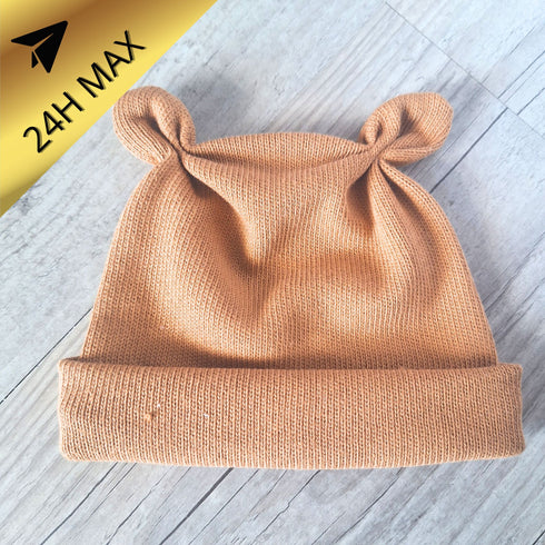 Bonnet 0.3 mois Ourson Maille 100% coton Ocre - En Stock - Expédiés sous 24H