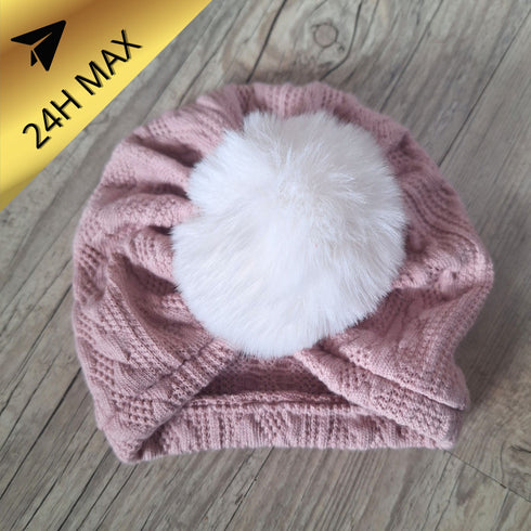 Turban 0.3 mois Pompon Maille de coton façon jaquard Vieux Rose Oeko-Tex - En Stock - Expédiés sous 24H