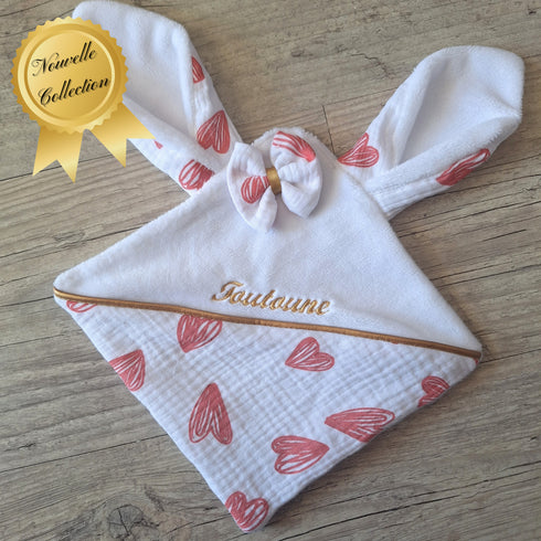EDITION LIMITÉE: Doudou lapin COEUR personnalisé 20x20cm avec Prénom et/ou Date de naissance gaze de coton et minky