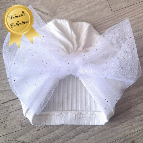 Turban Bonnet Bébé en Jersey de Coton – Grand Nœud en Tulle Pailleté – Fait Main & Oeko-Tex