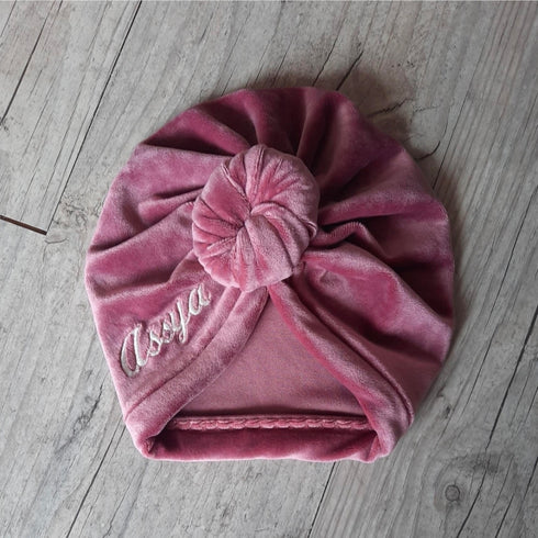 Turban nœud, buns ou simple Prénom brodé tissu minky extensible doux et chaud 10 couleurs