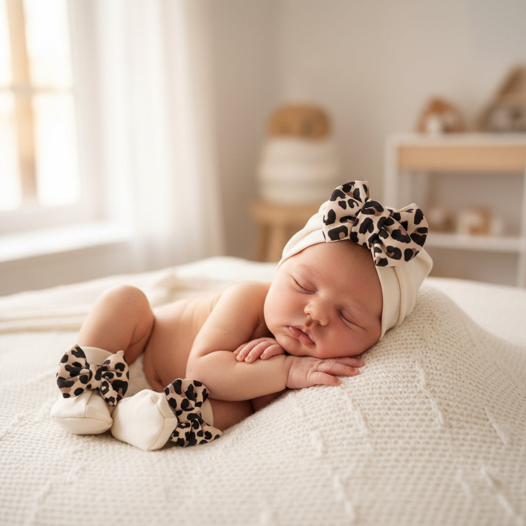 Bébé portant ensemble crème léopard