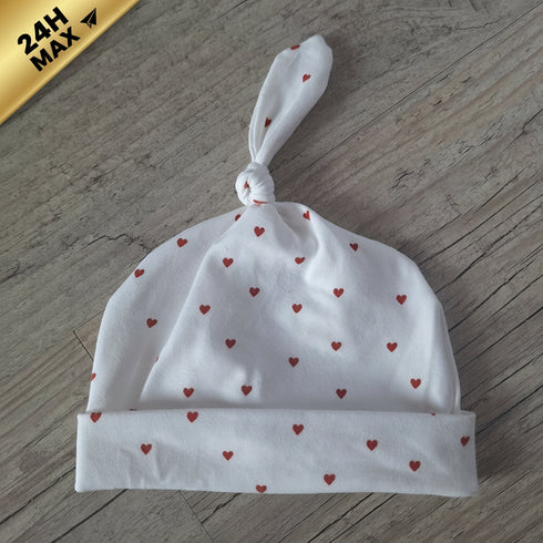 Bonnet nœudé jersey blanc cœurs rouges – 0/3 mois – Expédié sous 24h