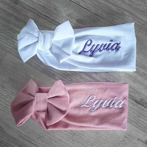 Personalized bow headband with first name embroidered in stretch jersey 10 colors