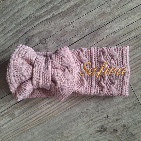Bandeau nœud personnalisé avec prénom brodé en tissu maille de coton façon tricot jacquard 9 couleurs