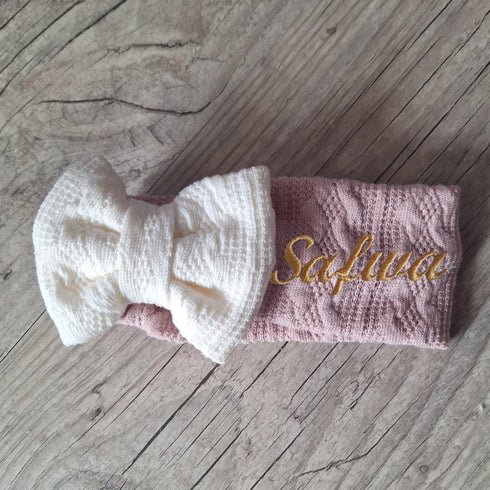 Bandeau nœud personnalisé avec prénom brodé en tissu maille de coton façon tricot jacquard 9 couleurs