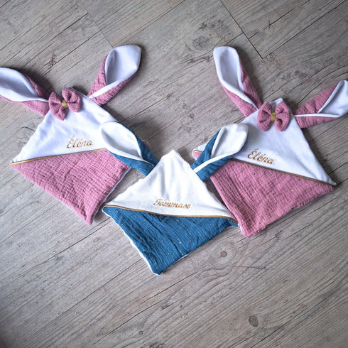 Doudou lapin personnalisé 20x20cm avec Prénom et/ou Date de naissance gaze de coton et minky