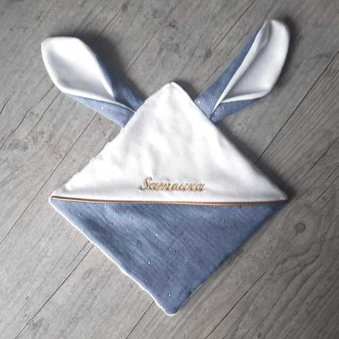 Doudou lapin personnalisé 20x20cm avec Prénom et/ou Date de naissance gaze de coton et minky