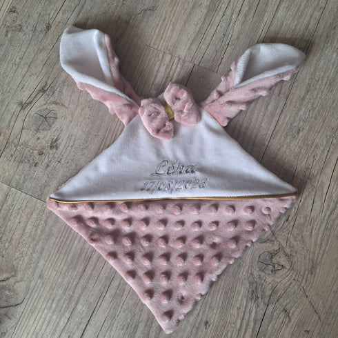Doudou lapin personnalisé 20x20cm avec Prénom et/ou Date de naissance tout en minky