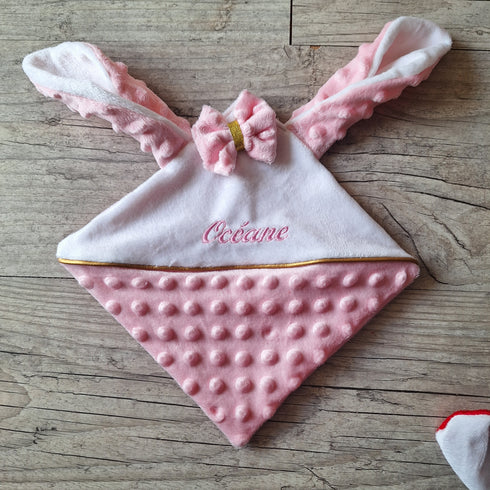 Doudou lapin personnalisé 20x20cm avec Prénom et/ou Date de naissance tout en minky